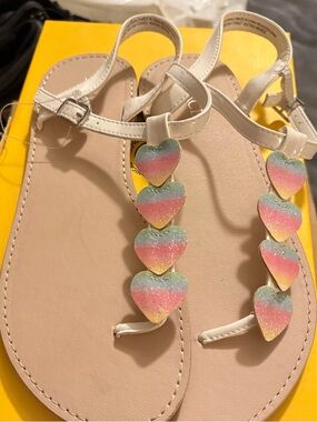 Girls White Sandals with Rainbow Glitter Hearts